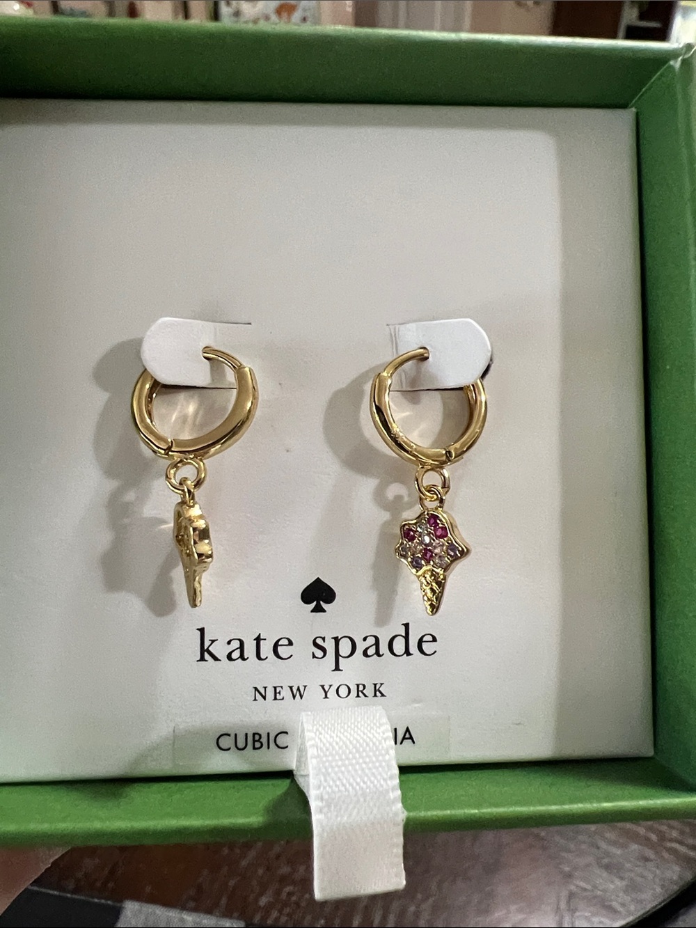 New kate spade gold hoop earrings with pink crystal charms